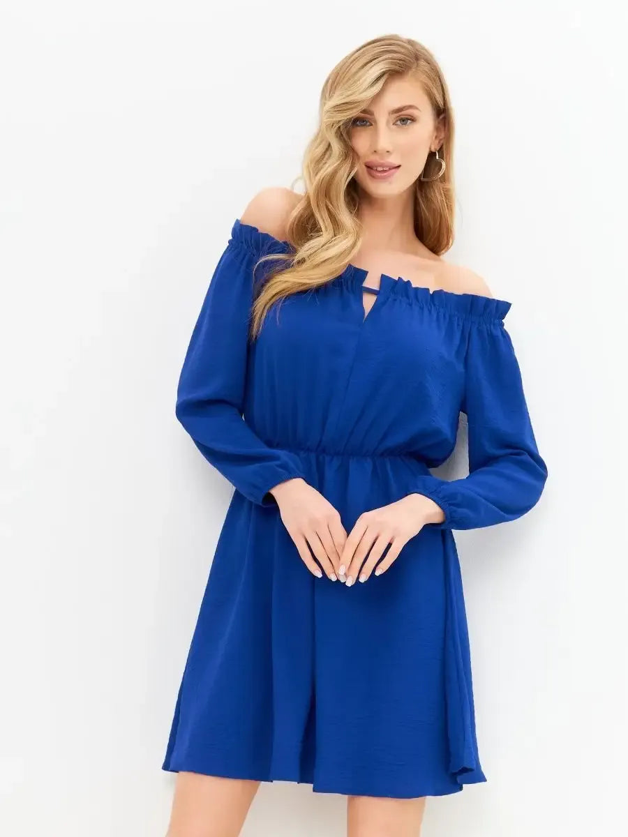 Sapphire Mini Dress by Lauven - Off-Shoulder Blue Mini Dress for Stylish Occasions.