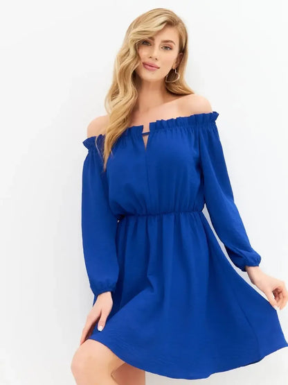 Lauven Sapphire Mini Dress – Vibrant off-shoulder blue mini dress perfect for stylish occasions.