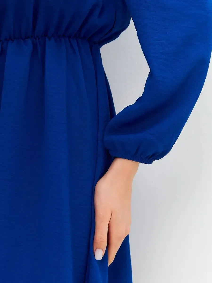 Sapphire Mini Dress by Lauven featuring vibrant sapphire blue fabric and stylish off-shoulder design details.
