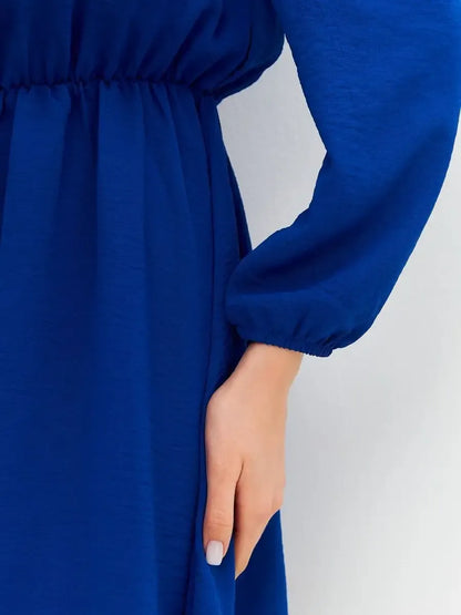 Sapphire Mini Dress by Lauven featuring vibrant sapphire blue fabric and stylish off-shoulder design details.