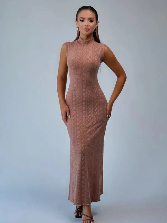 Savannah Maxi Dress by Lauven, cocoa jacquard knit bodycon gown with intricate vertical patterns and stand collar.