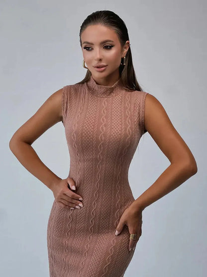 Savannah Maxi Dress by Lauven in cocoa-toned jacquard knit, showcasing a fitted silhouette and stand collar neckline.