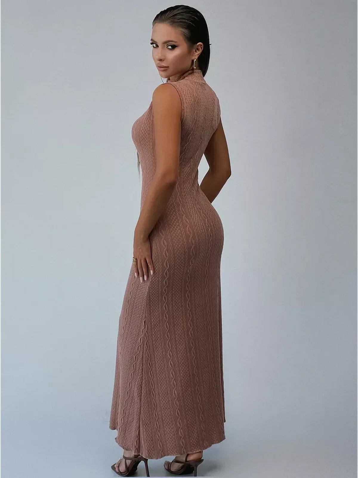 Savannah Maxi Dress by Lauven, sleeveless cocoa jacquard knit bodycon gown showcasing a fitted silhouette.
