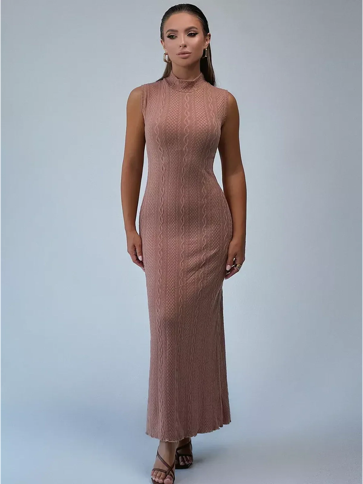 Savannah Maxi Dress by Lauven - Cocoa jacquard knit bodycon gown with vertical cable patterns and stand collar.