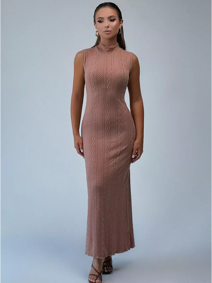 Savannah Maxi Dress by Lauven - Cocoa jacquard knit bodycon gown with vertical cable patterns and stand collar.
