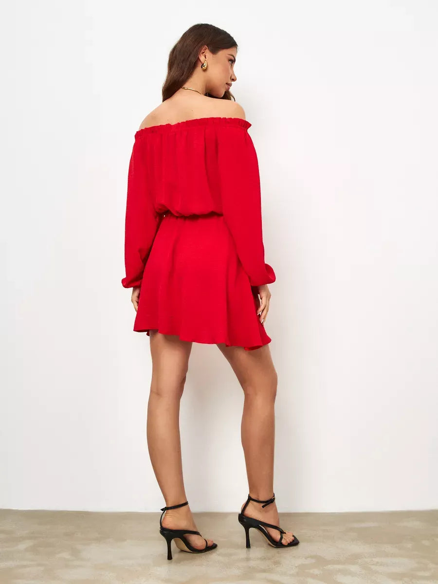 Scarlet Mini Dress by Lauven, elegant off-shoulder design with long sleeves, showcasing a stylish A-line silhouette.