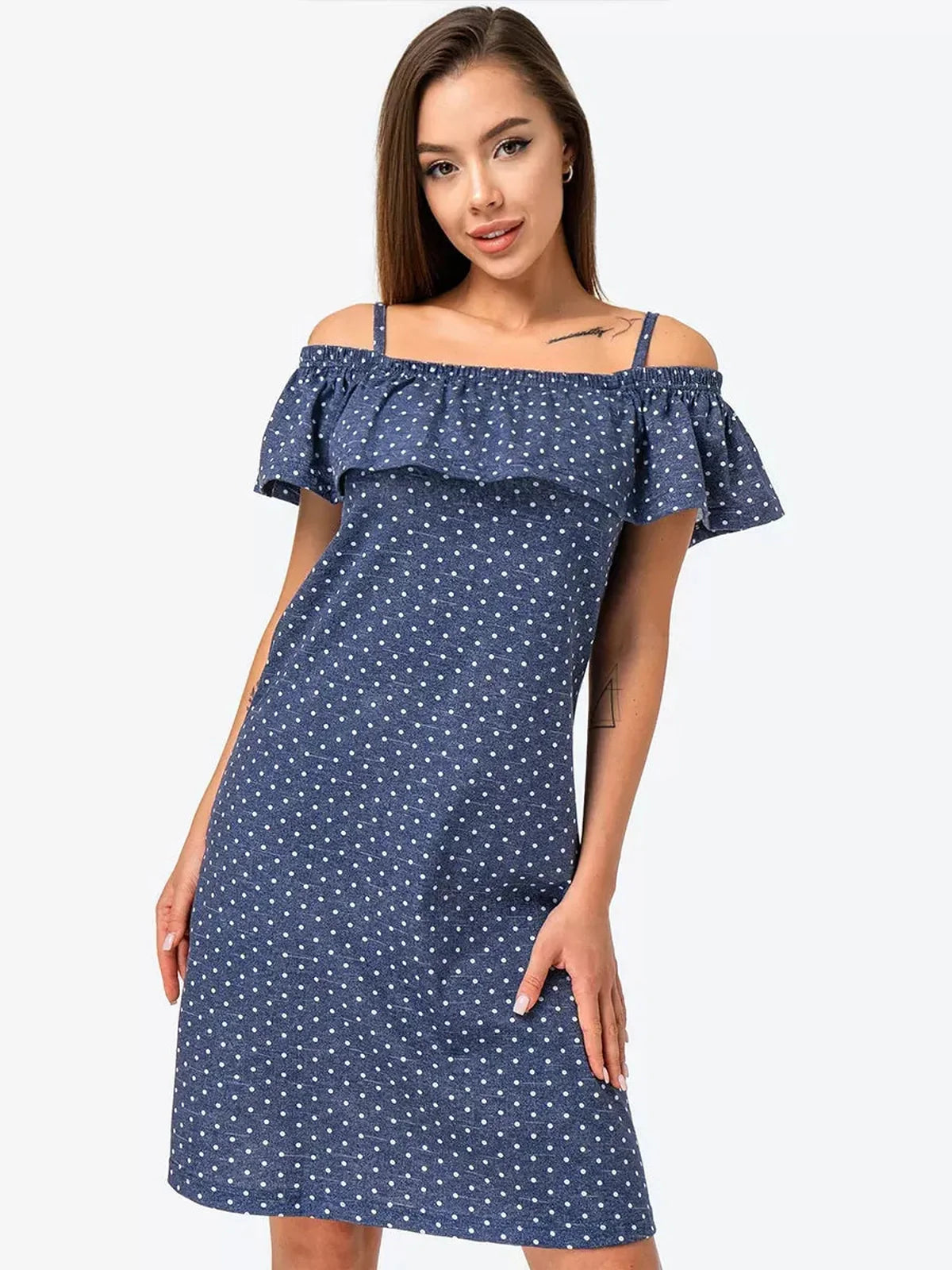 Scarlett Mini Dress by Lauven - Blue Polka Dot Cotton Trapeze with Off-Shoulder Ruffle