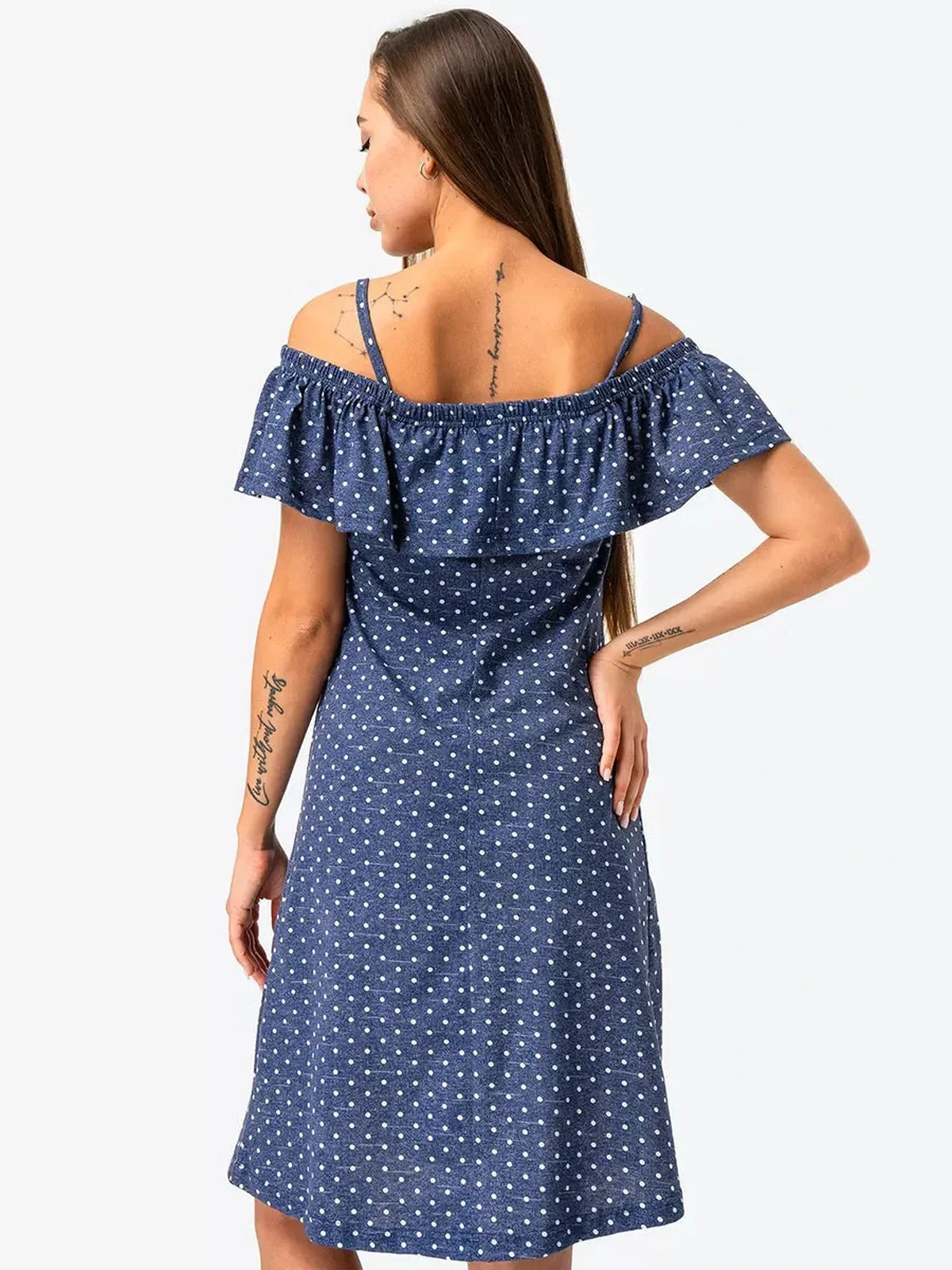 Scarlett Mini Dress by Lauven, blue polka dot cotton trapeze dress with off-shoulder ruffle detail.