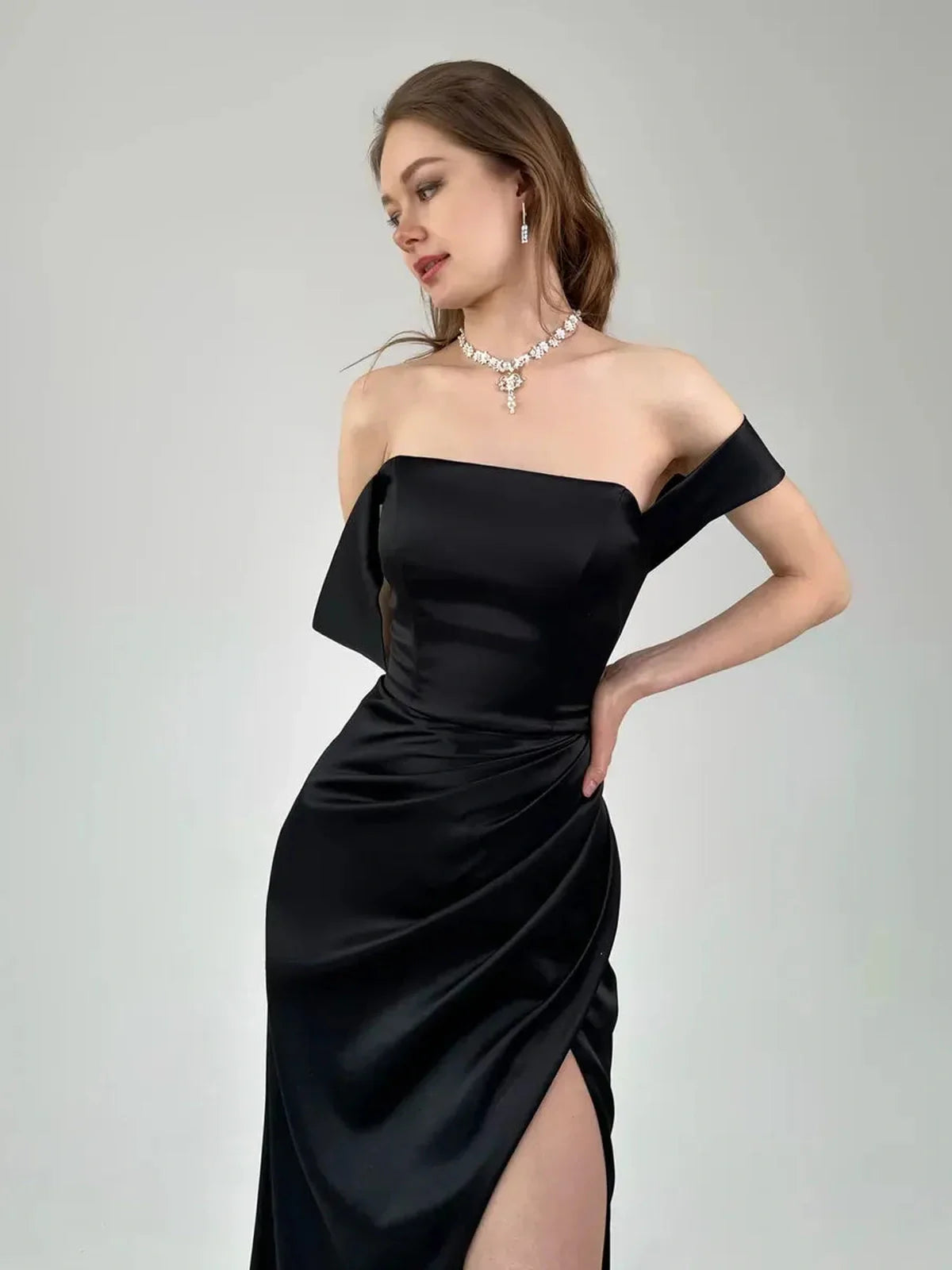 Selene Party Dress by Lauven, off-shoulder satin elegance with high slit, perfect for evening celebrations.