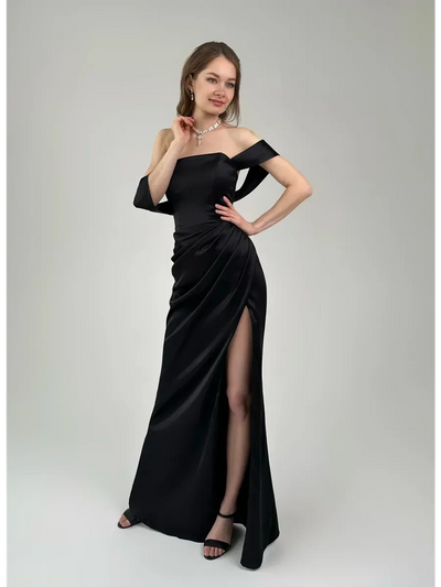 Selene Party Dress by Lauven - Off-Shoulder Satin Evening Gown with High Slit in Black