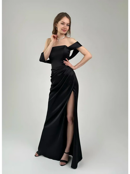 Selene Party Dress by Lauven - Off-Shoulder Satin Evening Gown with High Slit in Black