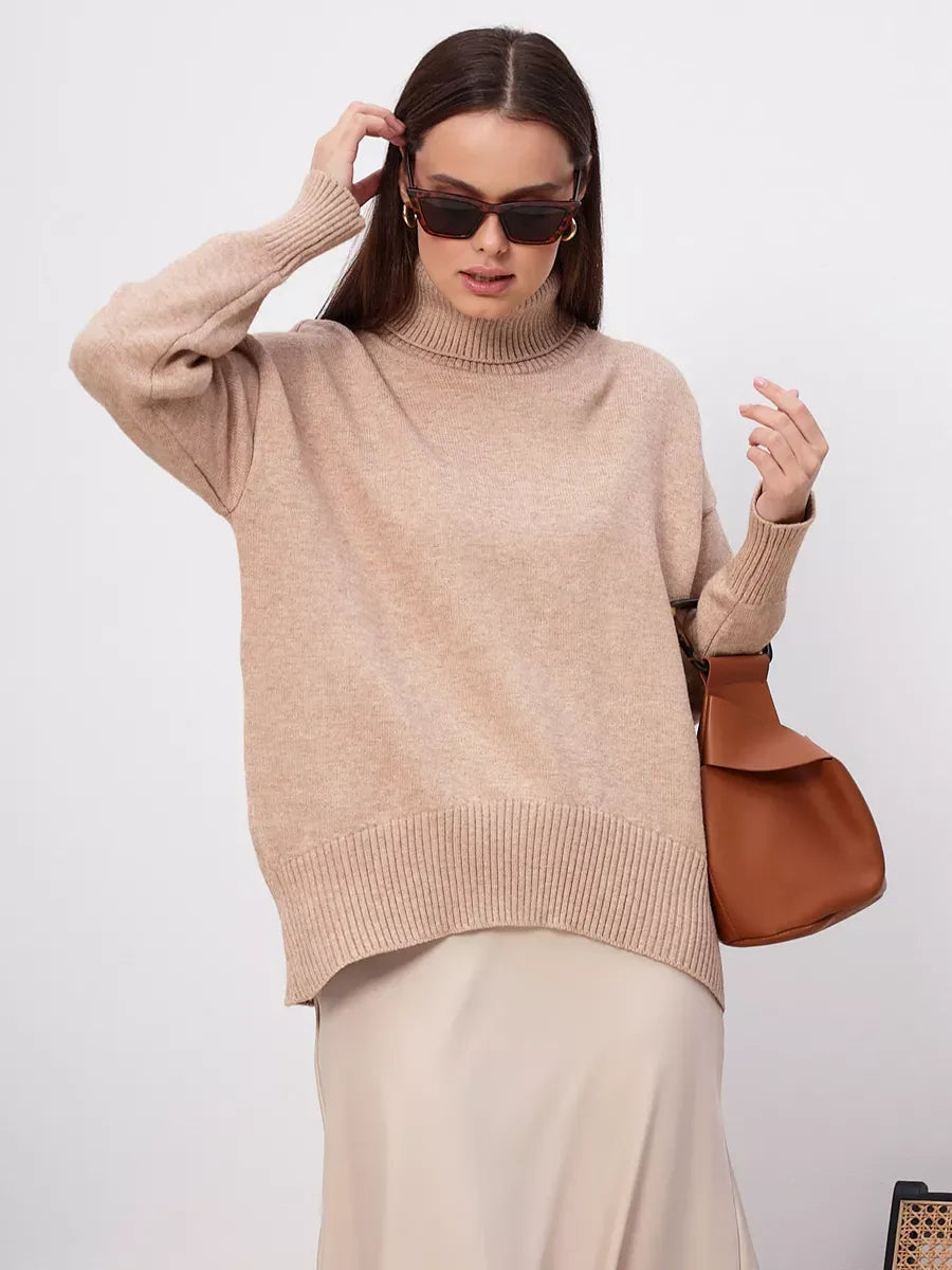 Selene Sweater by Lauven - Dark Beige Turtleneck Knitwear Essential for Women, showcasing modern comfort and timeless style.