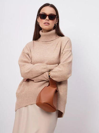 Selene Sweater by Lauven in dark beige worn with sunglasses and a stylish handbag.