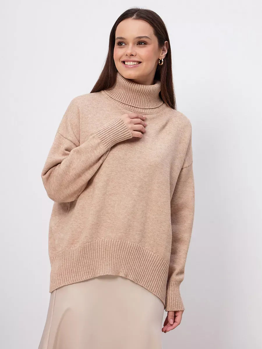 Selene Sweater by Lauven in dark beige, featuring a cozy turtleneck and stylish, relaxed fit.