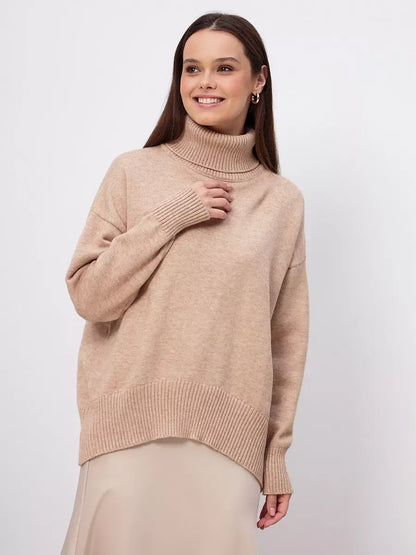 Selene Sweater by Lauven in dark beige, featuring a cozy turtleneck and stylish, relaxed fit.