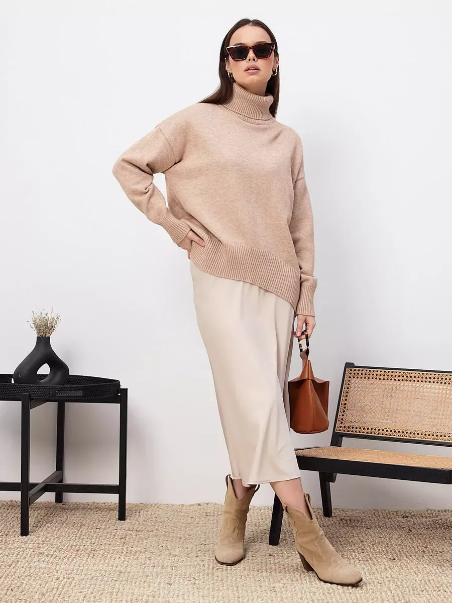 Selene Sweater by Lauven in dark beige, a stylish turtleneck knitwear essential for women's fashion.