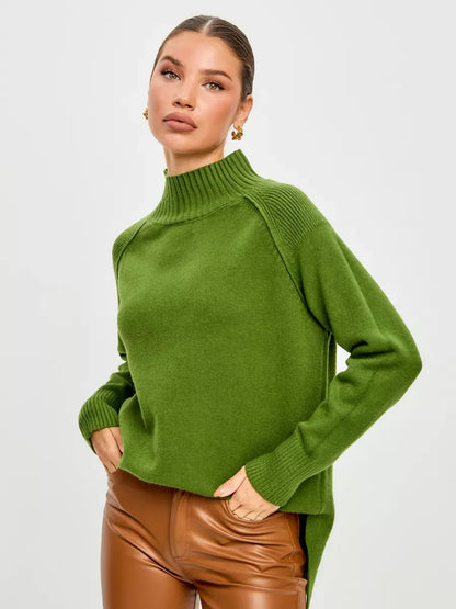 Siena Sweater by Lauven, oversized cashmere blend sweater in green with high neck, perfect for casual and office wear.