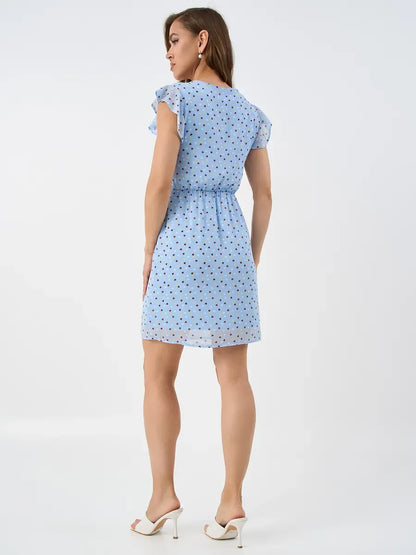 Sky Mini Dress by Lauven – Light blue dress with ruffle sleeves, perfect for elegant autumn occasions.