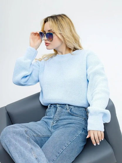 Skylar Pullover by Lauven in delicate sky-blue, styled with sunglasses and denim, perfect for spring and summer.