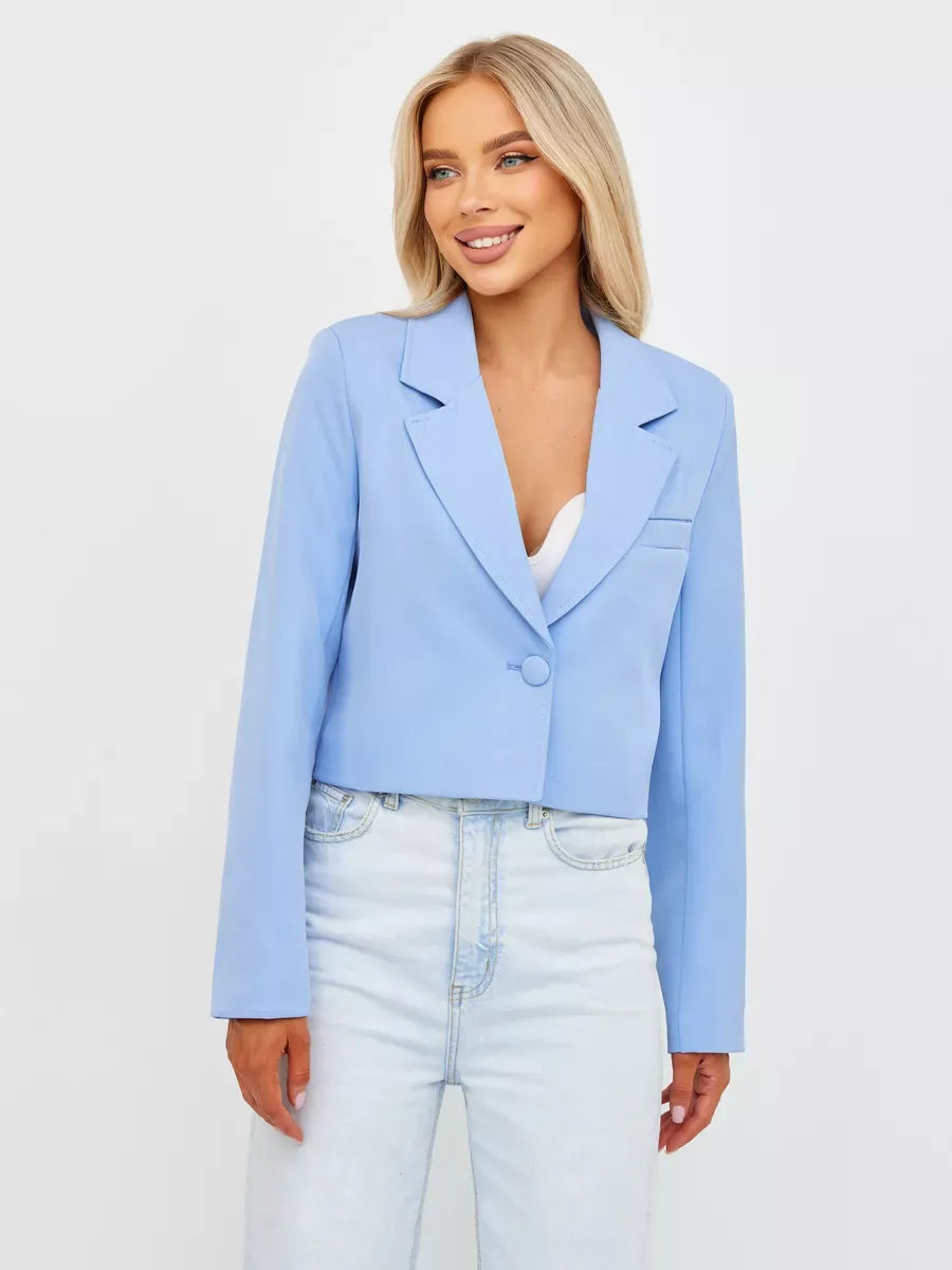 Skyline Blazer by Lauven in soft blue, cropped tailored fit, perfect for modern elegance and versatile styling.