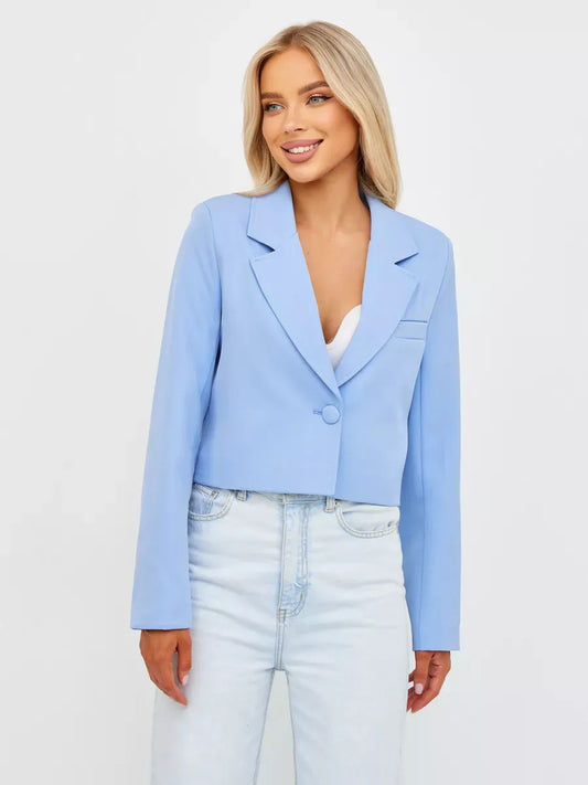 Skyline Blazer by Lauven in soft blue, cropped tailored fit, perfect for modern elegance and versatile styling.
