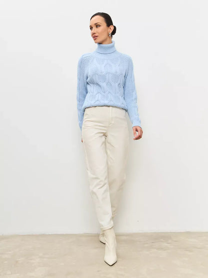 Skyline Knitwear by Lauven, women’s cozy pastel blue wool-blend turtleneck sweater with cable-knit design.