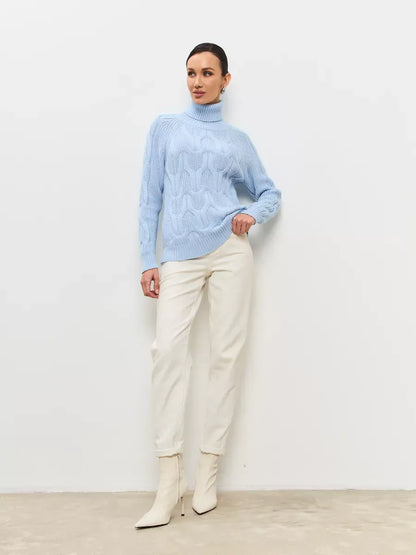 Skyline Knitwear by Lauven: Women's wool-blend turtleneck sweater in soft pastel blue with cable-knit pattern.