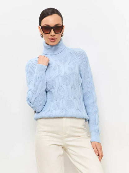 Skyline Knitwear by Lauven, women's pastel blue wool-blend turtleneck sweater featuring a cable-knit design.
