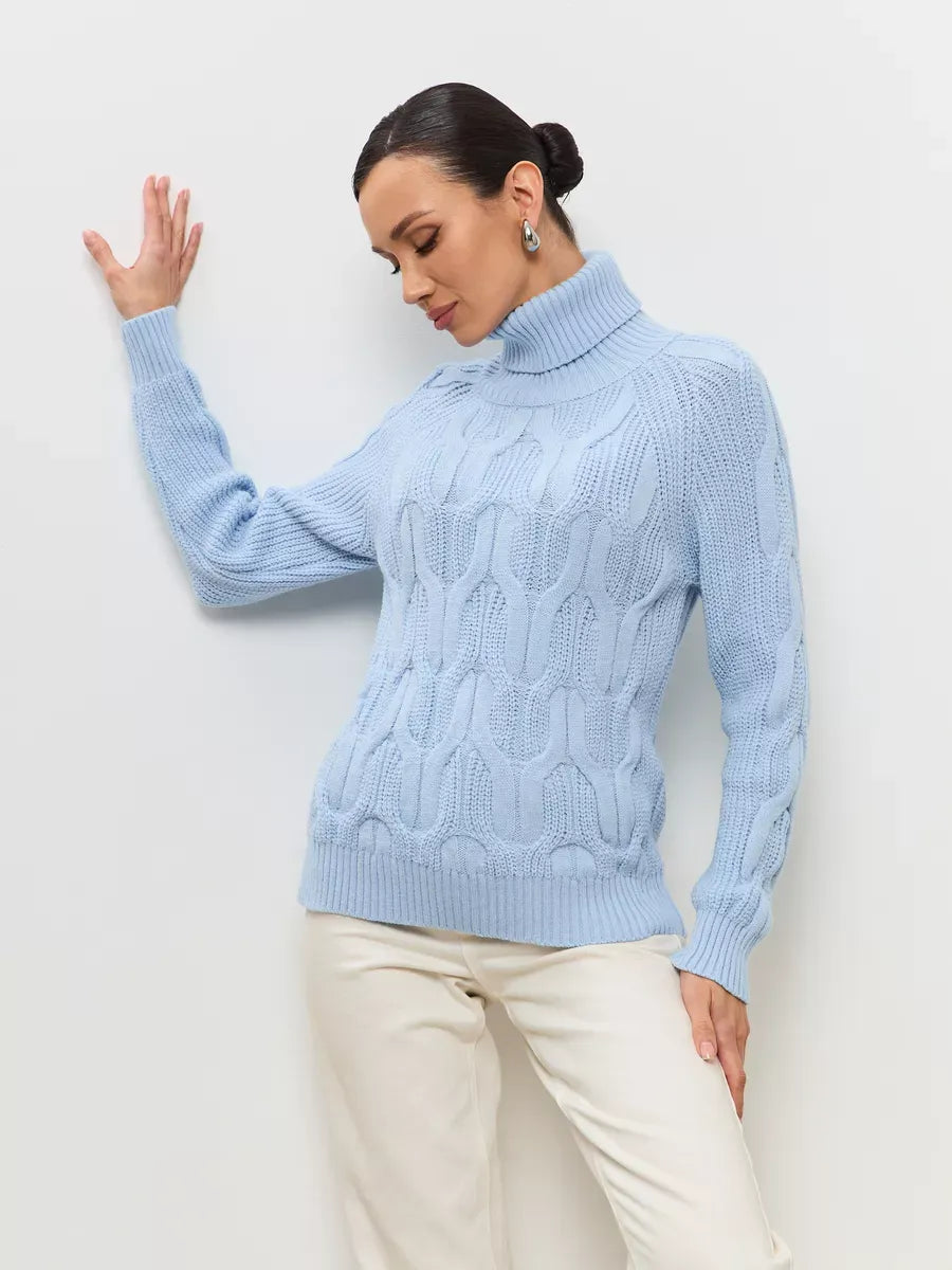 Skyline Knitwear by Lauven, women's pastel blue wool-blend turtleneck sweater with cable-knit pattern.