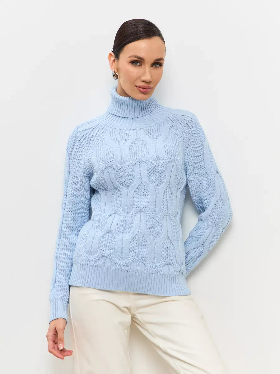 Skyline Knitwear by Lauven - Women's wool-blend turtleneck sweater in soft pastel blue with cable-knit pattern.