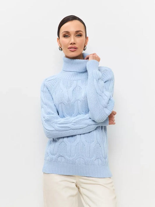 Skyline Knitwear by Lauven, stylish women's wool-blend turtleneck sweater in soft pastel blue.