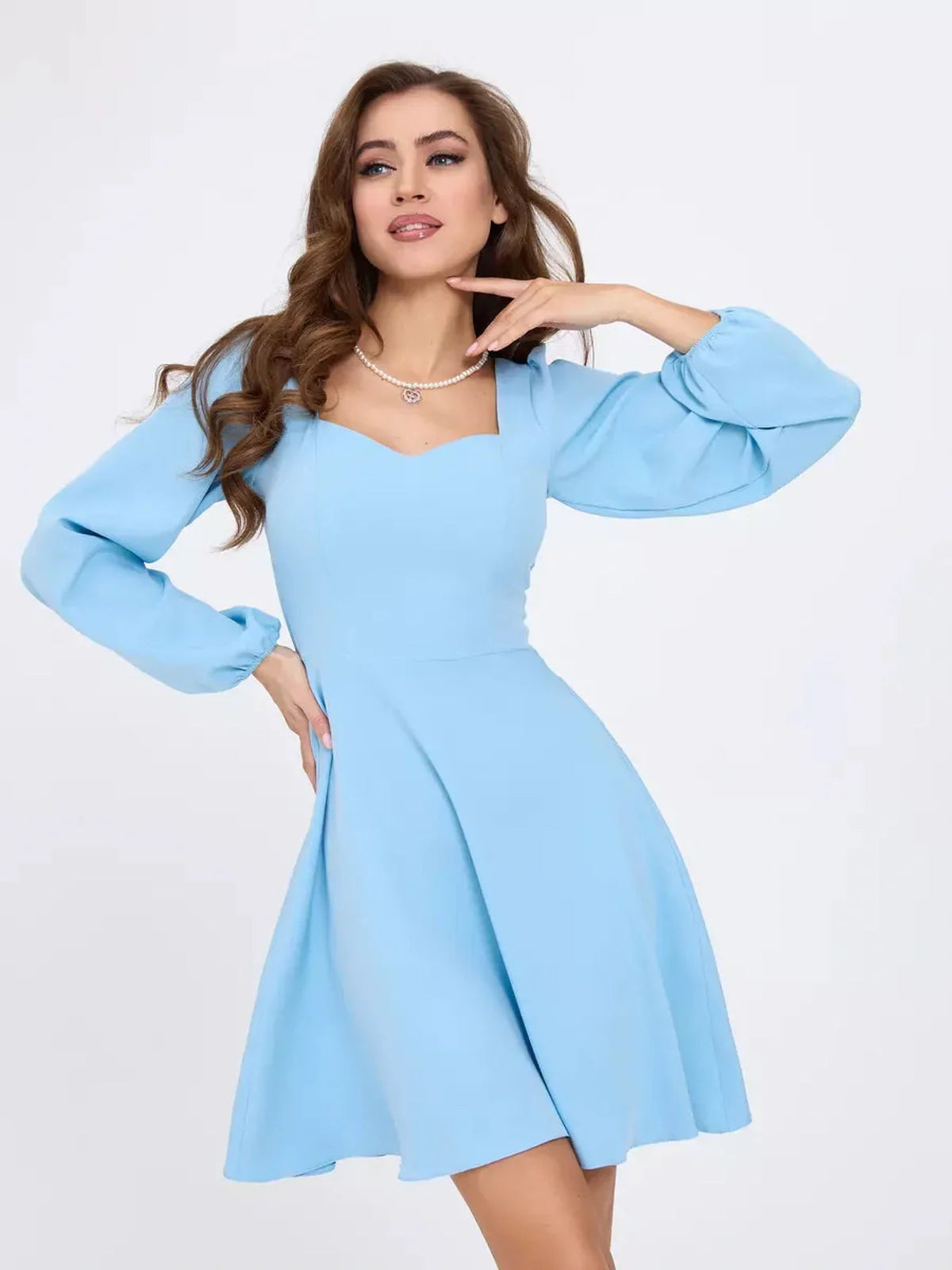Skyline Mini Dress by Lauven, light blue flared cocktail dress with long sleeves and square neckline.