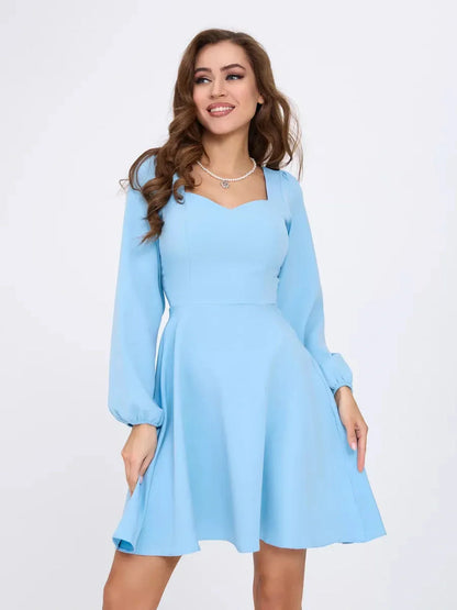 Skyline Mini Dress by Lauven - Light blue flared cocktail dress with long sleeves and square neckline.