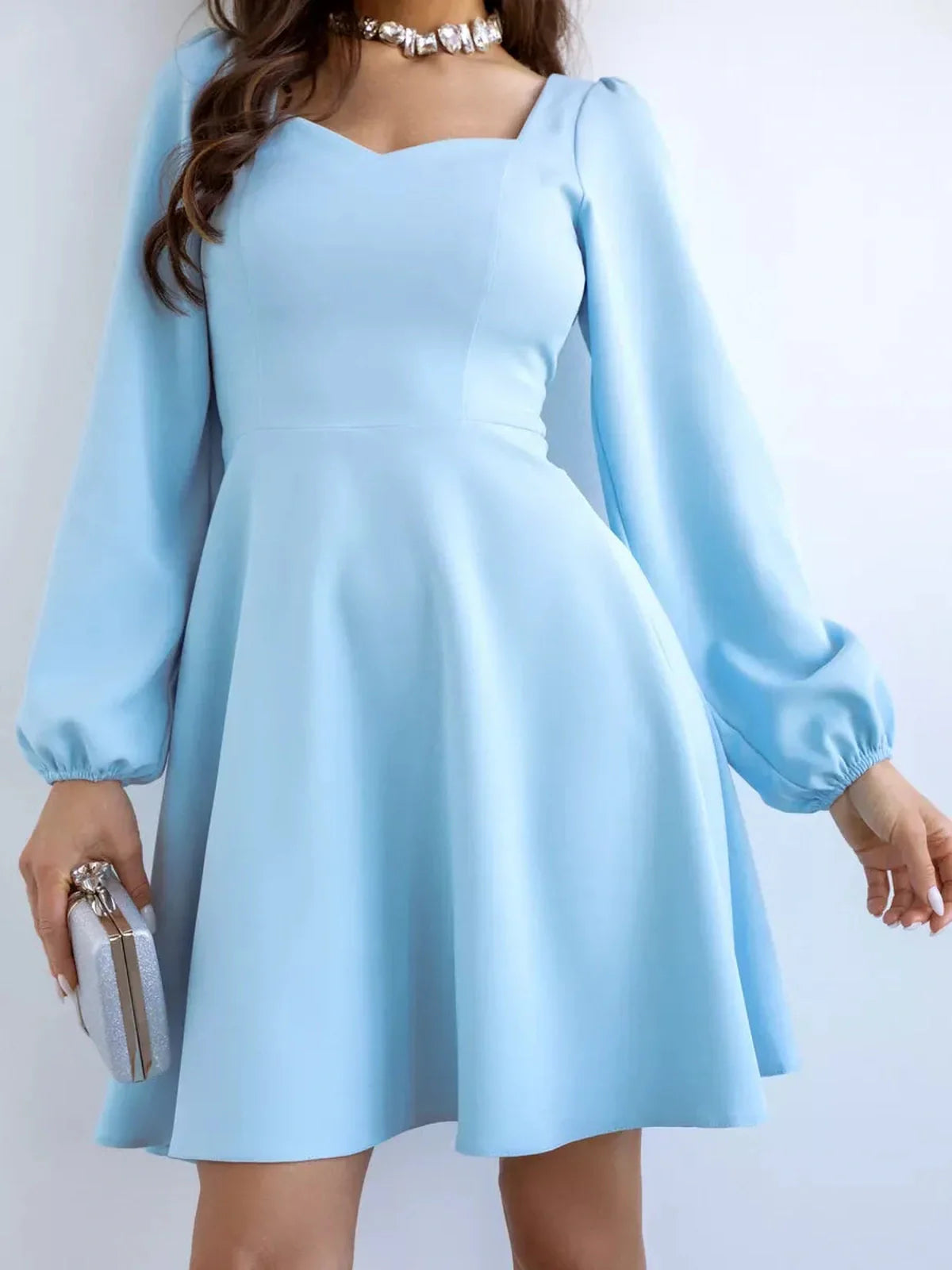 Skyline Mini Dress by Lauven - Light blue flared cocktail dress with long sleeves and soft square neckline.