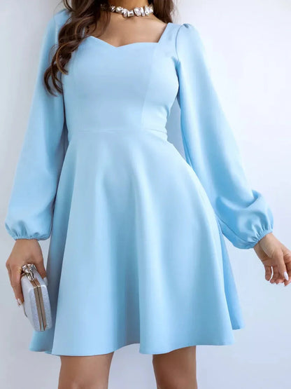 Skyline Mini Dress by Lauven - Light blue flared cocktail dress with long sleeves and soft square neckline.