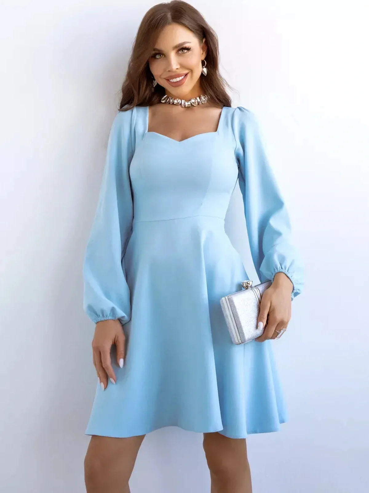 Skyline Mini Dress by Lauven - Light blue long-sleeve mini dress with fitted bodice and flared skirt.