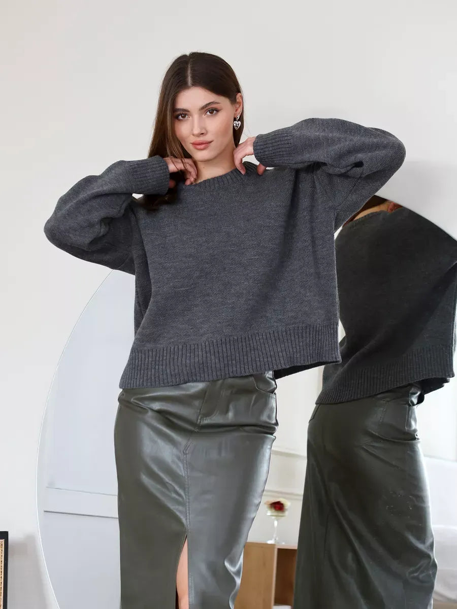 Slate Pullover by Lauven - Oversized cropped women's sweater in dark gray, perfect for layering.