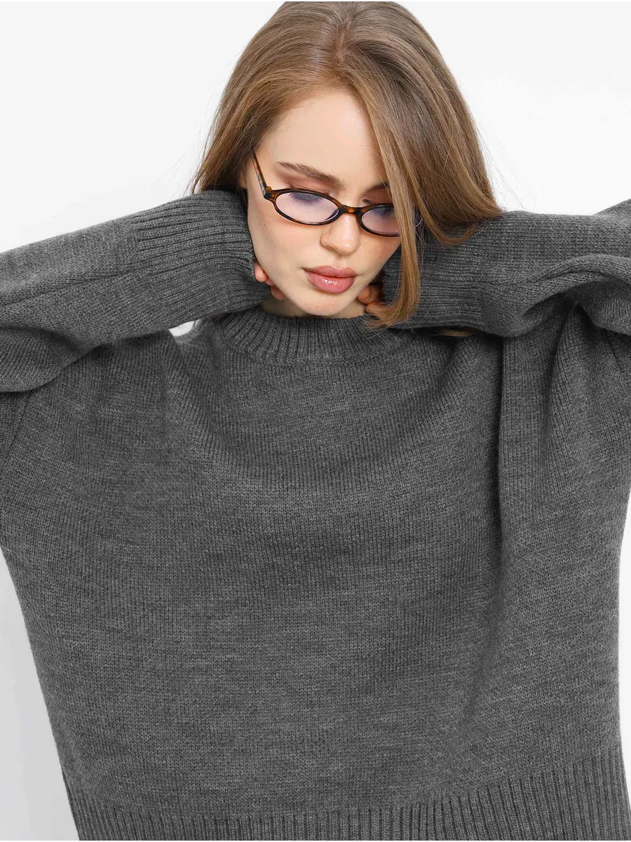 Slate Pullover by Lauven, oversized cropped women's sweater in dark gray, perfect for layering and everyday style.