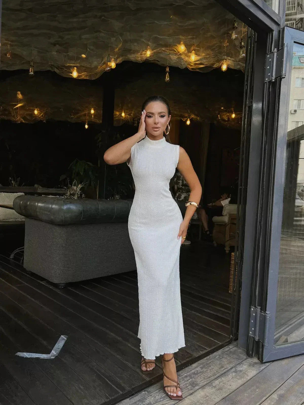 Mila Maxi Dress by Lauven, sleeveless knit bodycon gown with high stand collar, textured jacquard, perfect for elegant occasions.