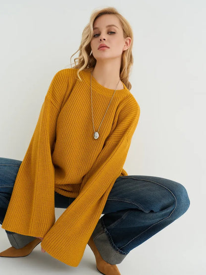 Solara Sweater by Lauven in vibrant mustard yellow, featuring an oversized knit design and stylish ribbed texture.