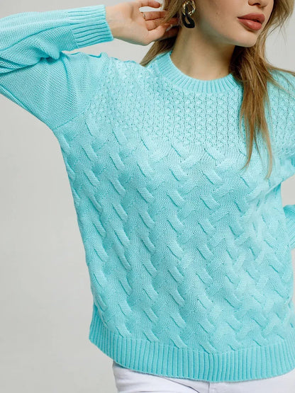 Soleil Sweater by Lauven in bright turquoise, featuring breathable knitwear design and stylish comfort.
