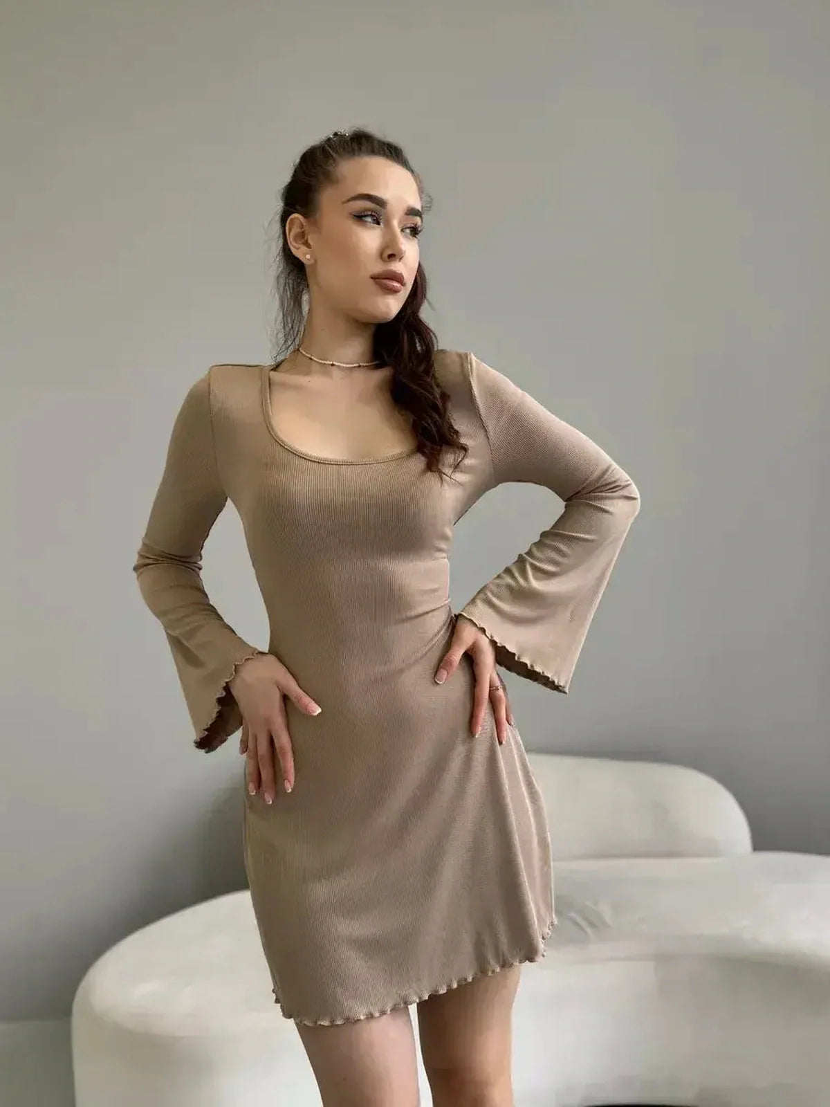 Sophia Mini Dress by Lauven - Neutral ribbed knit long sleeve dress with lace-up back and ruffled hem.