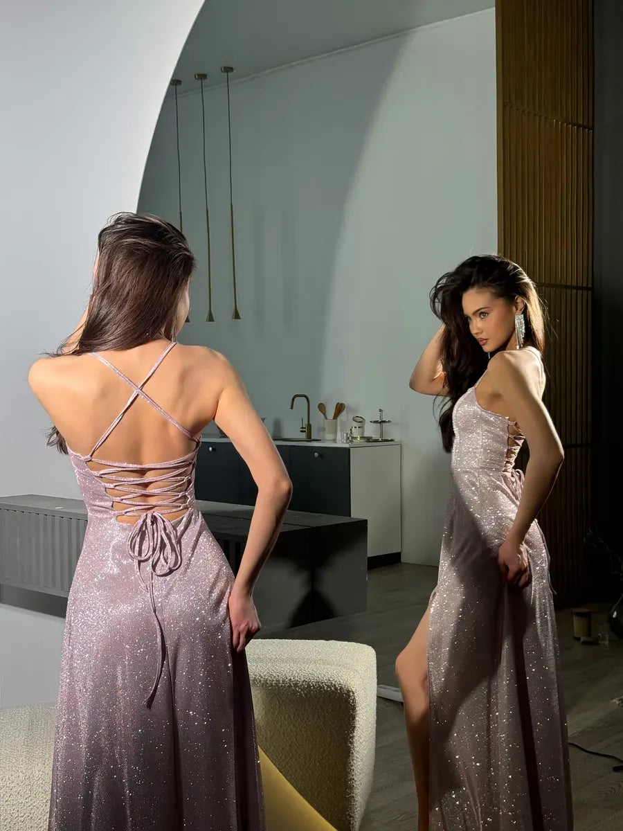 Spell Maxi Dress by Lauven – Pink glitter evening gown with adjustable fit and elegant back design.