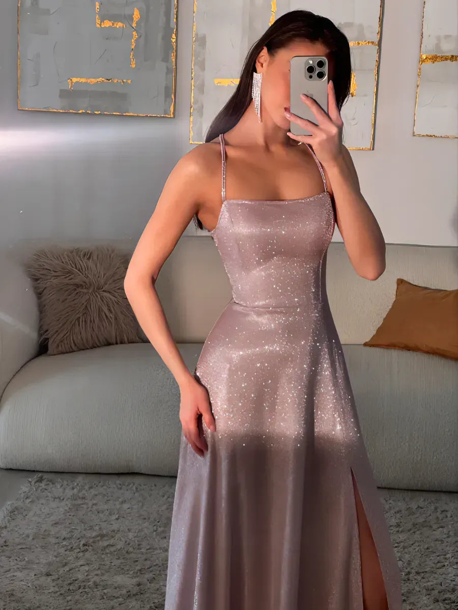 Spell Maxi Dress by Lauven – Pink Glitter Evening Gown with Adjustable Fit