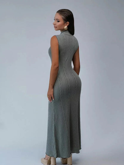 Stella Maxi Dress by Lauven - Sleeveless bodycon gown with textured knit pattern in soft gray.