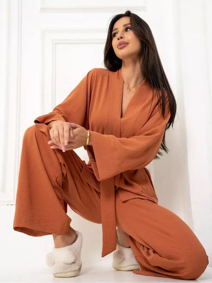 Terracotta Suit Set by Lauven, elegant oversized two-piece set in warm brown with wide-leg pants.