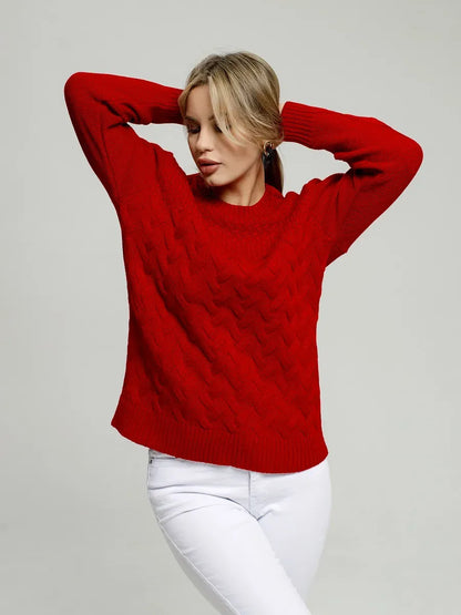 Vera Pullover by Lauven in vibrant red, featuring a cable knit design and cozy fit for stylish comfort.