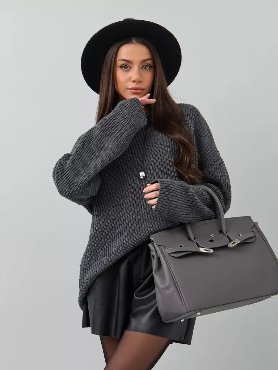 Vera Sweater with oversized dark gray knit, crew neck, paired with stylish accessories, by Lauven.