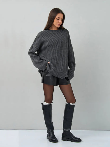 Vera Sweater by Lauven, oversized dark gray knit pullover styled with a relaxed silhouette and chic accessories.