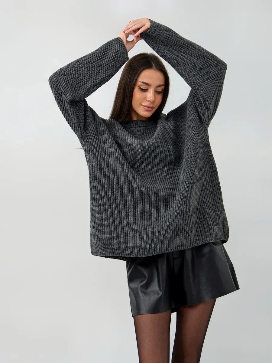 Vera Sweater by Lauven, oversized dark gray knit pullover with crew neck, styled with a relaxed silhouette.